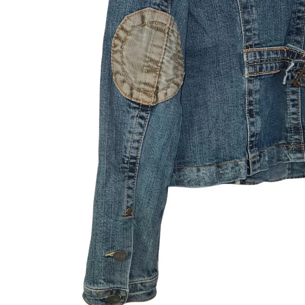 Vigoss Jeans Distressed Corduroy Patches Blue and Tan Utility‎ Denim Jean Jacket